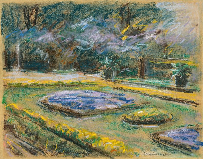 Oil on canvas by Max Liebermann depicting a vibrant garden with flowers.