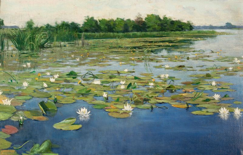 Water lilies by Henryk Weyssenhoff, oil on canvas, depicting vibrant flowers floating on water.