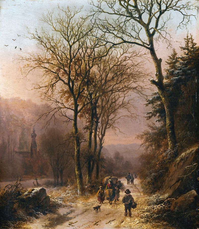 Figuras en un camino invernal, pintura al óleo de Barend Cornelis Koekkoek, figuras en un camino nevado.