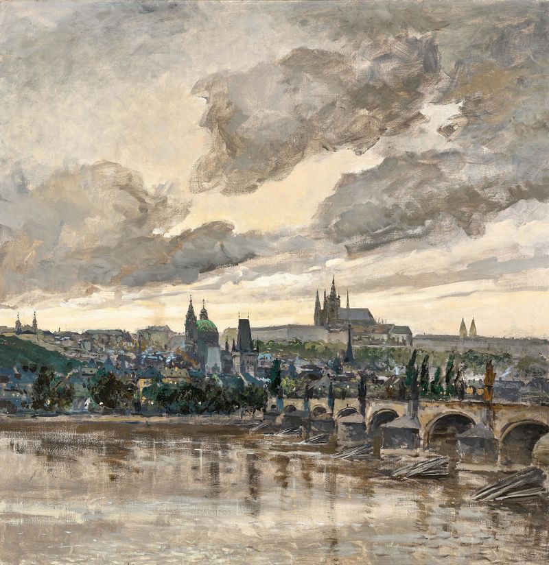 Una vista de Praga, pintura al óleo de Viktor Olíva, que presenta arquitectura intrincada y paisaje urbano.