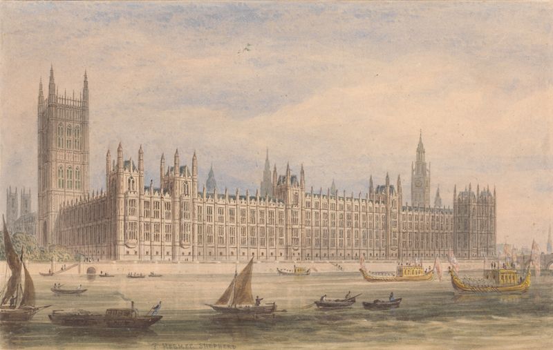 Oil painting of the Houses of Parliament and the Thames by Thomas Hosmer Shepherd