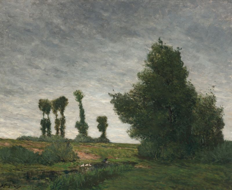 Paisagem com Pópulos de Paul Gauguin, pintura a óleo com pópulos verdes sob um céu azul.