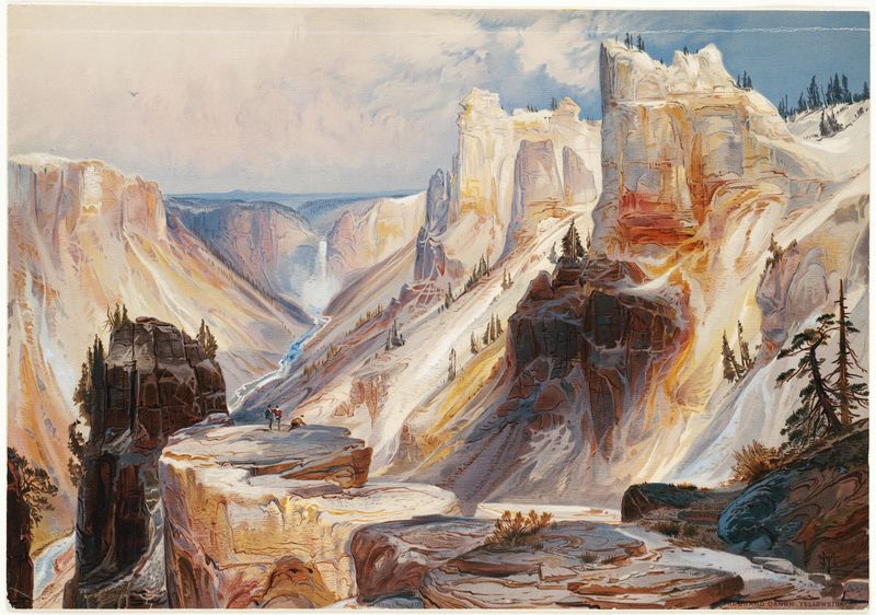 The Grand Canyon, Yellowstone de Thomas Moran, óleo que muestra acantilados y un río al atardecer.
