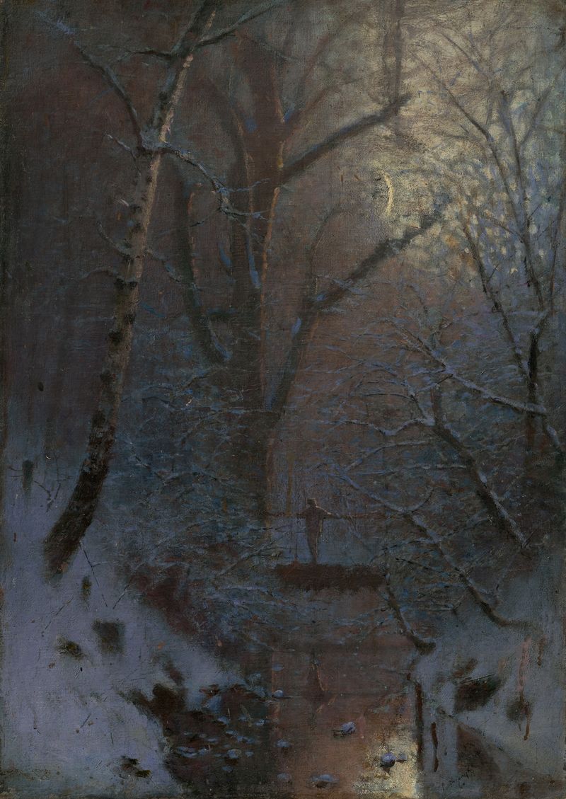 Winter night landscape with a solitary figure walking in the snow, oil on canvas by Ladislav Mednyánszky