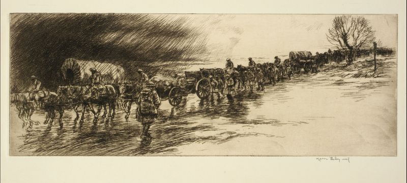 Artillery Train by Kerr Eby, expressionism, depicting silhouettes of a train and artillery