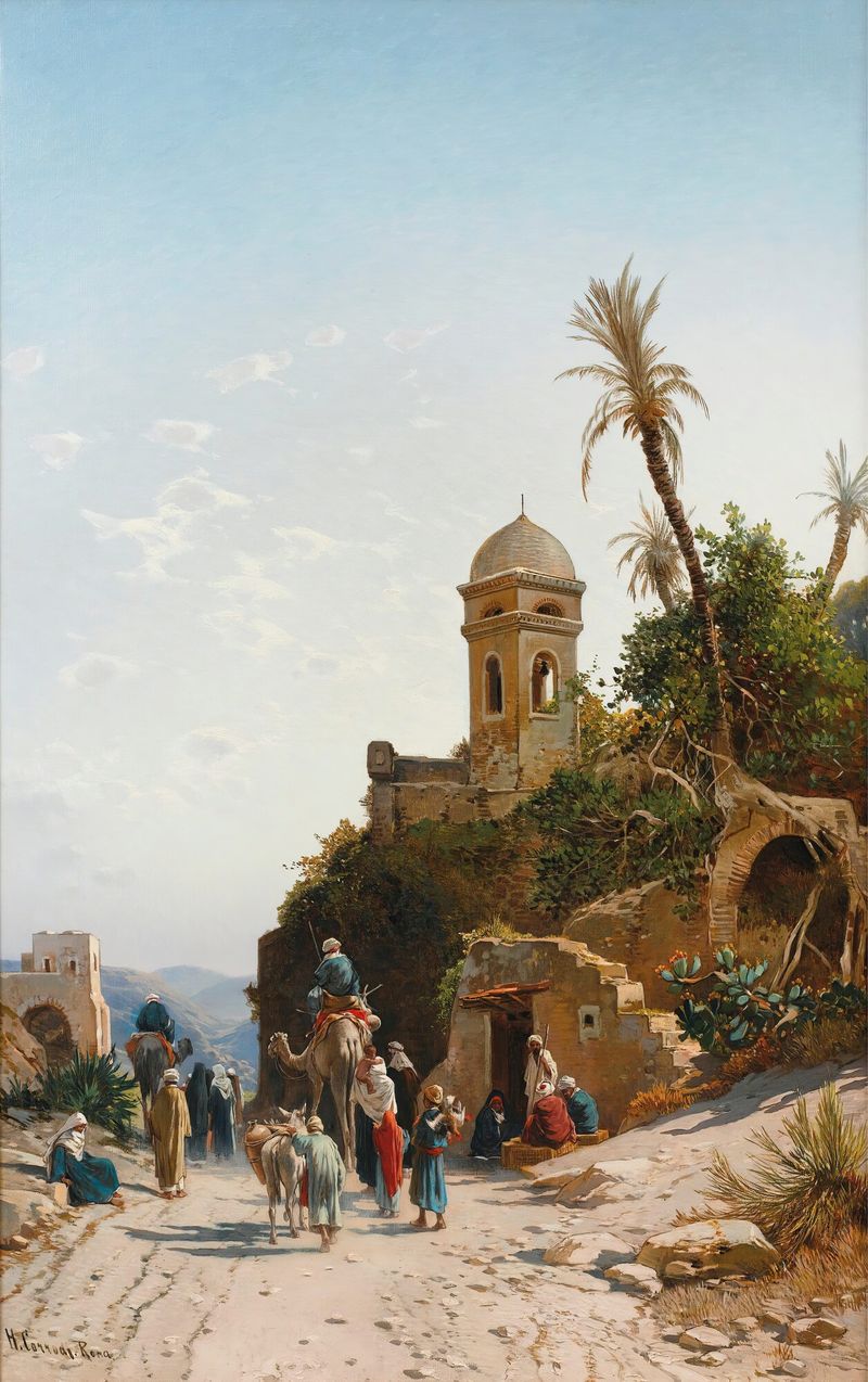 On The Road To Jerusalem by Hermann David Salomon Corrodi, oil painting depicting a figure on a winding path.