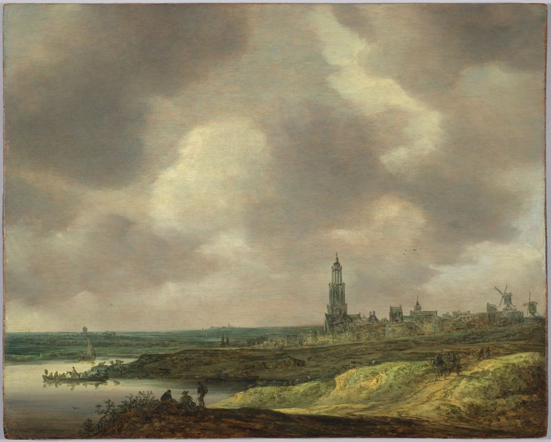 Paisaje con río y atardecer, óleo sobre panel de Jan van Goyen