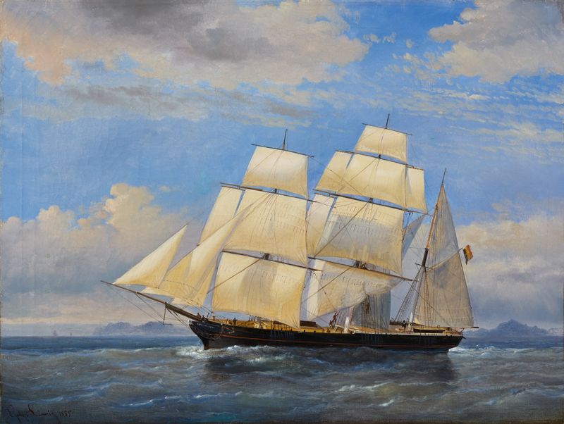 Three-masted bark ship with sails in a soft sky by Egide Linnig, oil painting