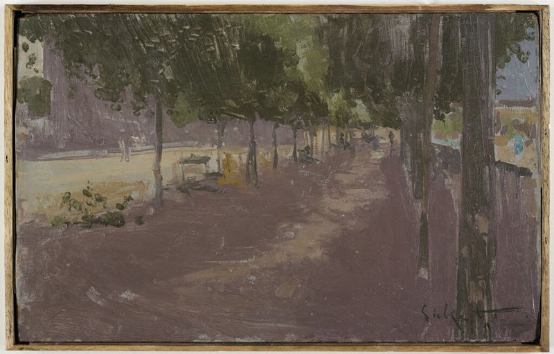 Genre scene of a market with figures and shadows, oil on panel by Walter Sickert