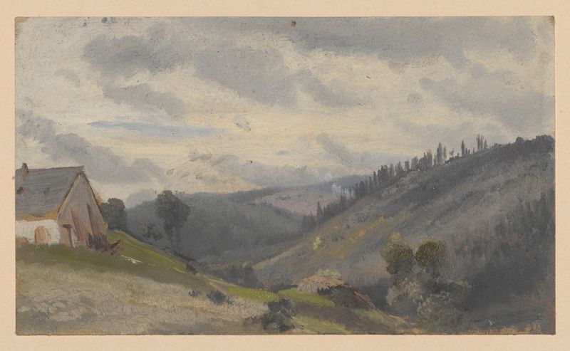 Paisaje con un granero y colinas de Adolf Dressler, pintura al óleo