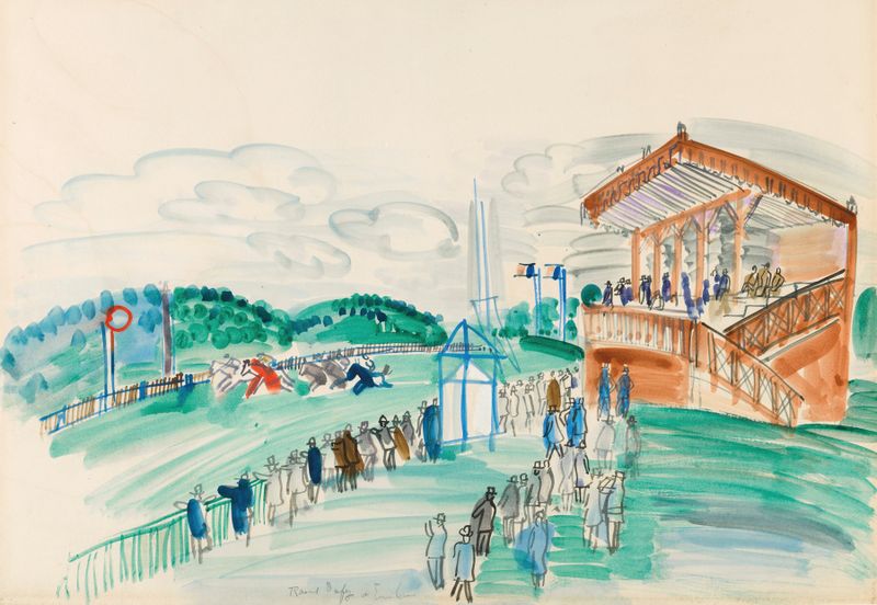 Le départ à Saint-Cloud de Raoul Dufy, óleo sobre tela mostrando uma multidão animada em um parque.
