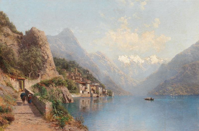 Landscape of Gandria on Lake Lugano by Robert Schultze, oil painting