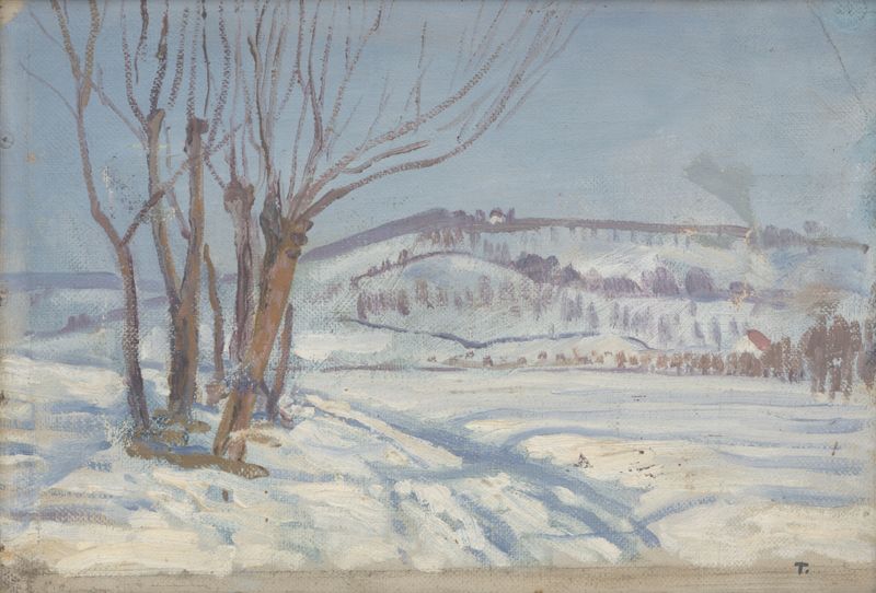 Paisagem de inverno com árvores nuas, óleo sobre tela de Ján Thain