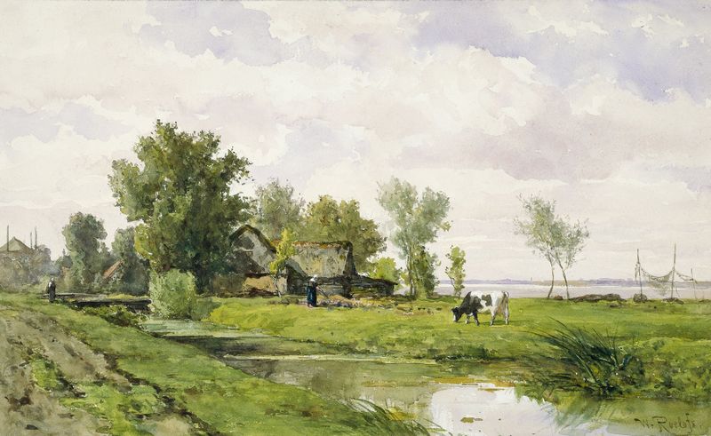 Farmhouse by a Ditch, oil on canvas by Willem Roelofs, depicting a rural landscape with vibrant fields.