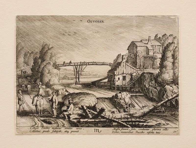 Engraving by Jan van de Velde depicting an autumn landscape with a tree and colorful leaves.