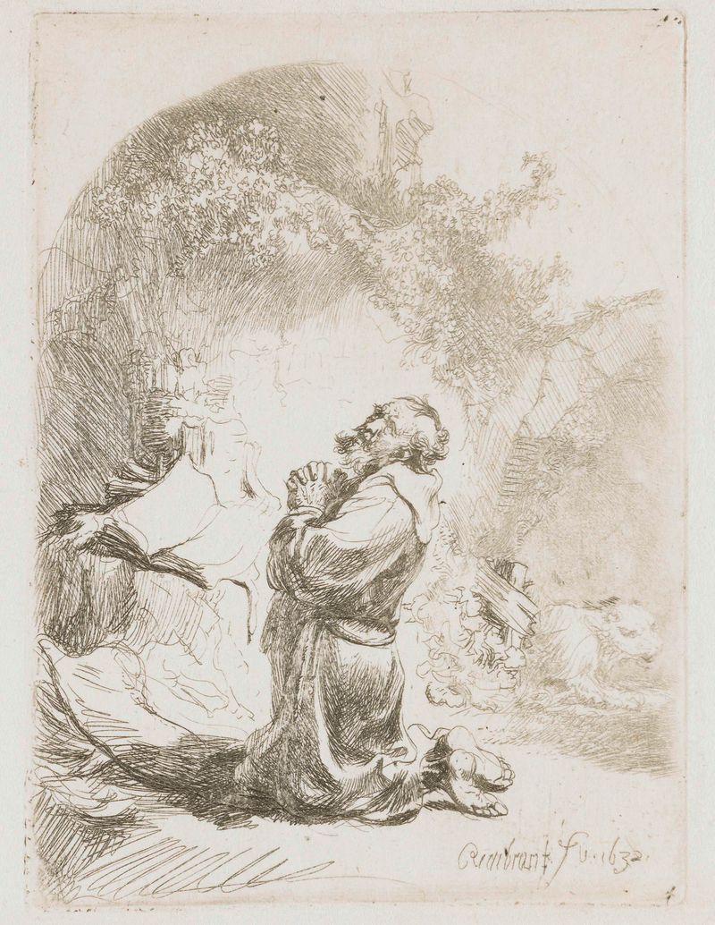 San Jerónimo orando en grabado de Rembrandt van Rijn, con una figura solemne en luz dorada.