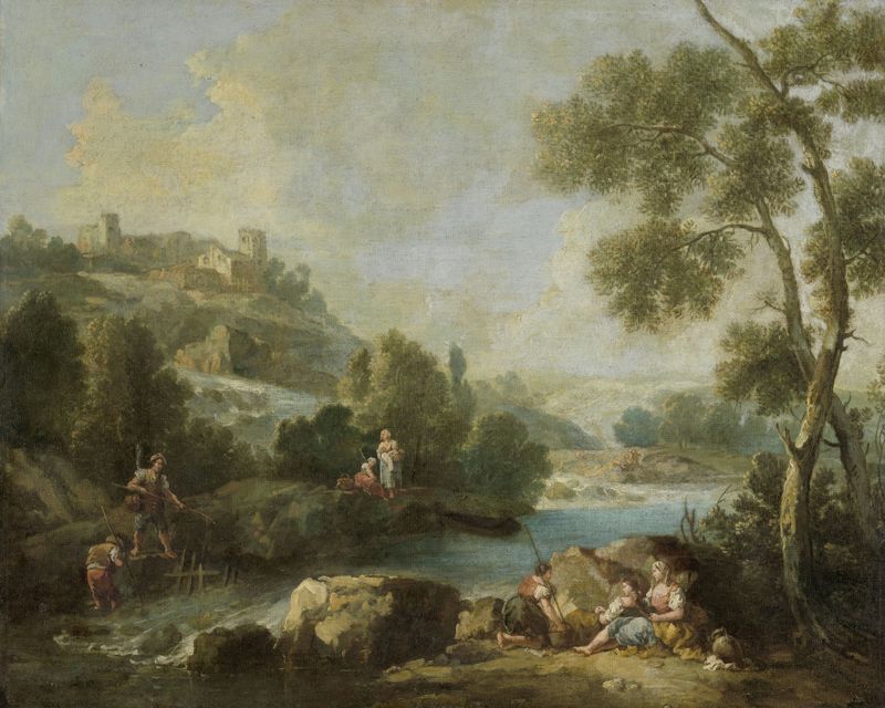 Landscape with Figures by Giuseppe Zais, oil on canvas depicting a serene landscape with figures and a winding path.