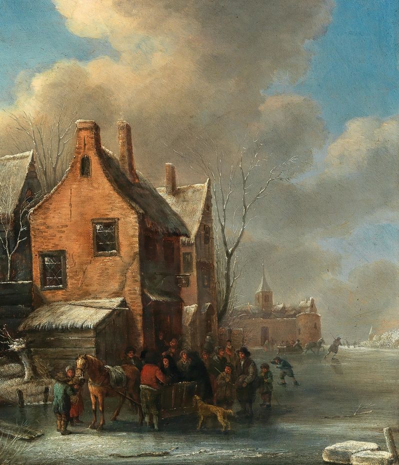 A winter landscape with figures skating on a frozen river, oil on canvas by Nicolaes Molenaer.