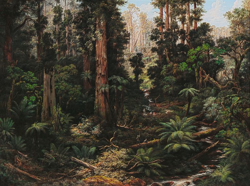 Pintura al óleo de Isaac Whitehead que representa un paisaje en el Valle de Sassafras con luz filtrándose a través de los ...
