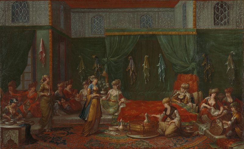 Interior scene of a Turkish maternity visit, oil on canvas by Jean Baptiste Vanmour
