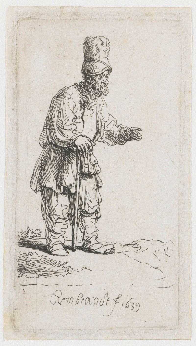 Grabado de Rembrandt van Rijn de un mendigo con sombrero alto apoyado en un bastón