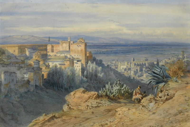 Alhambra, España de Carl Friedrich Heinrich Werner, óleo sobre lienzo que representa un paisaje con colores cálidos.