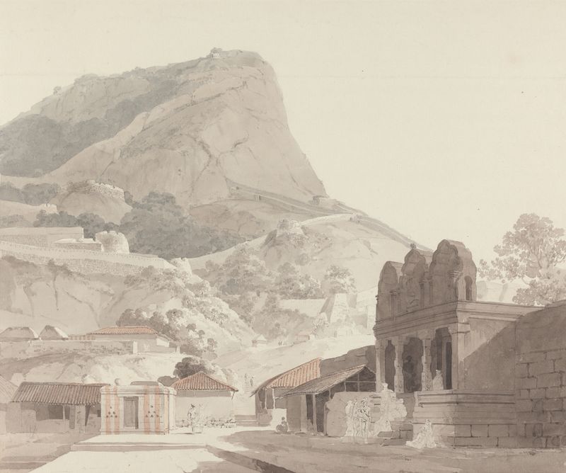 Sankrydroog, Madras de William Daniell, óleo que muestra una figura solitaria y arquitectura antigua.