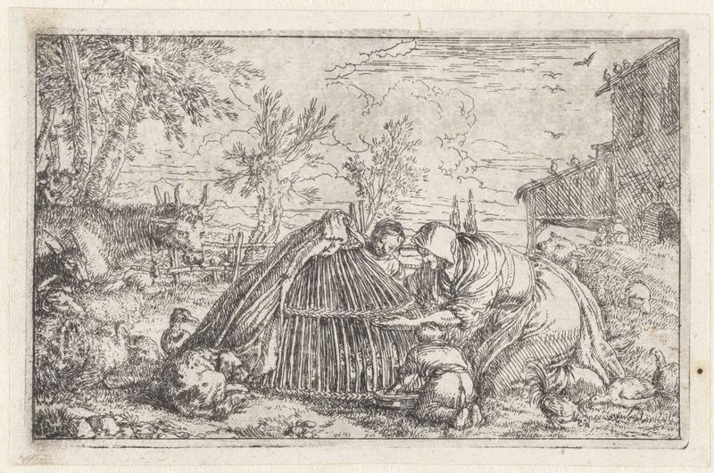 A woman with children feeding chickens, etching by Jonas Umbach.