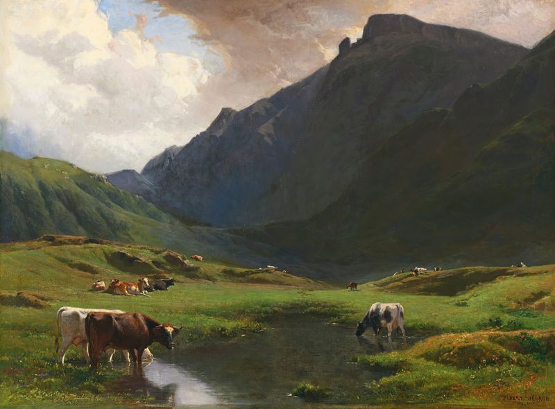 Paisagem alpina com vacas e cabras, pintura a óleo de Albert de Meuron