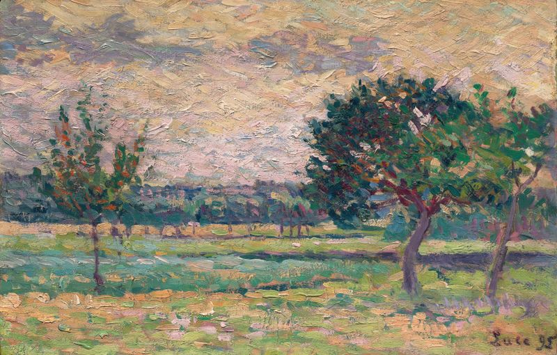 Paisagem vibrante com árvores frutais e flores, óleo sobre tela de Maximilien Luce