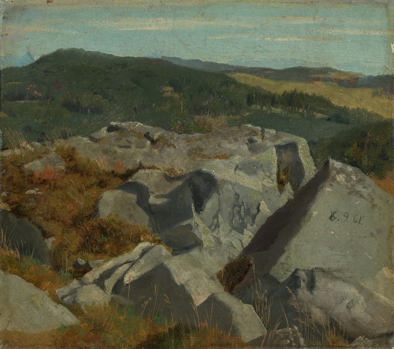 Paisagem com rochas irregulares e céu suave, pintura a óleo de Hans Thoma