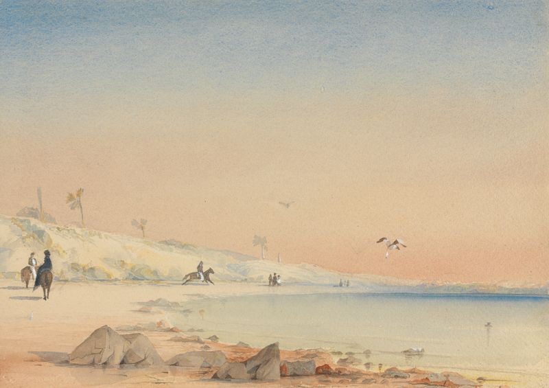 Gambia – a sandy bay with figures walking and riding, oil on canvas by William John Chamberlayne