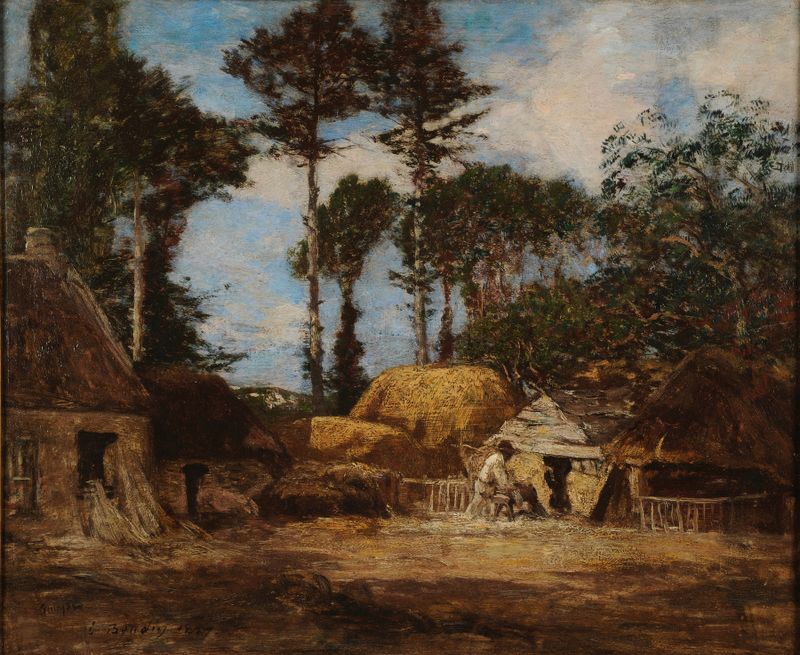 Une ferme bretonne de Eugène Boudin, óleo sobre tela que retrata uma serena paisagem rural bretã