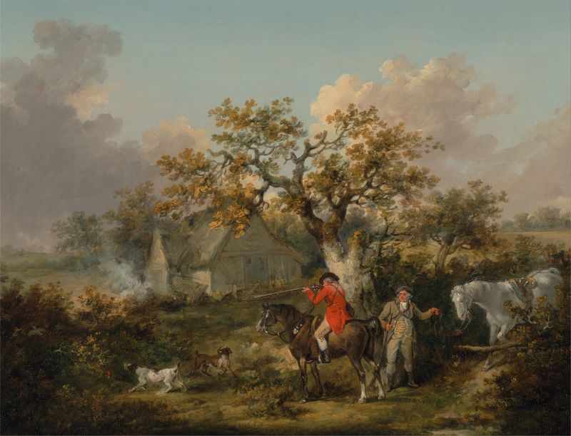 Partridge Shooting by George Morland, oil painting depicting a hunter and birds in a forest.