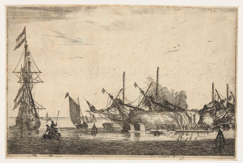Waterdichtmaken van de rompen van twee schepen grabado de Reinier Nooms mostrando a los astilleros trabajando en un puerto