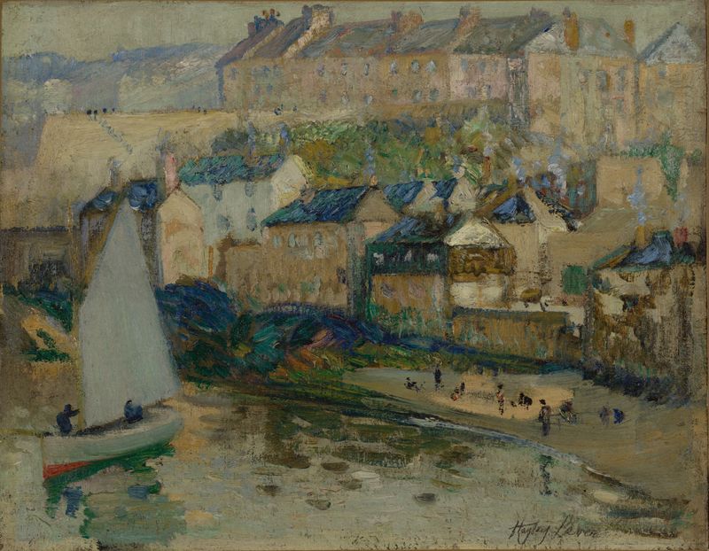 Port Scene, St. Ives, Cornwall de Richard Hayley Lever, óleo sobre tela mostrando pescadores e barcos.