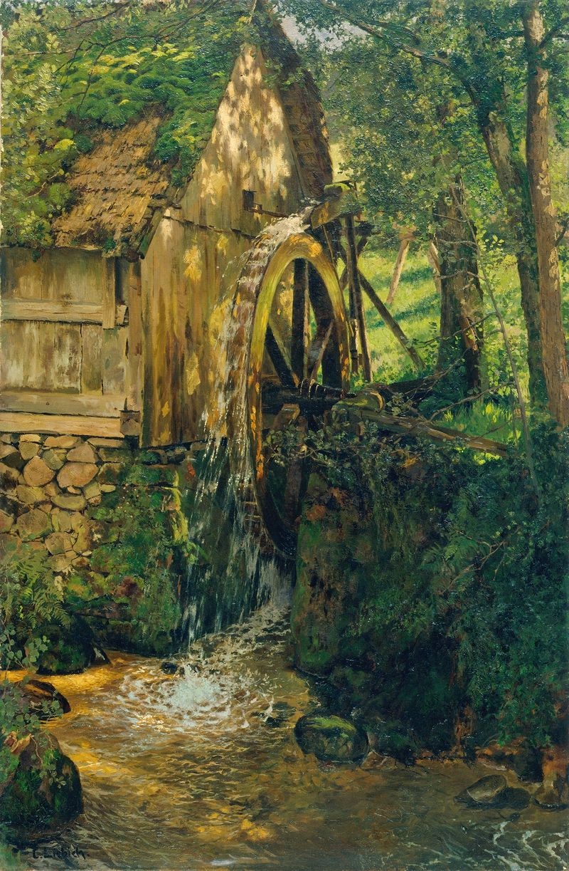 Black Forest Mill, óleo sobre lienzo de Curt Liebich, que representa un paisaje sereno con árboles y un molino.