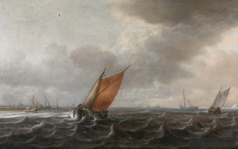 A river estuary with light shipping in a strong breeze, oil painting by Justus de Verwer.