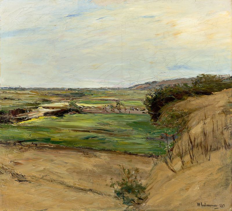 Dünenlandschaft de Max Liebermann, pintura a óleo que mostra dunas suaves sob luz dourada.