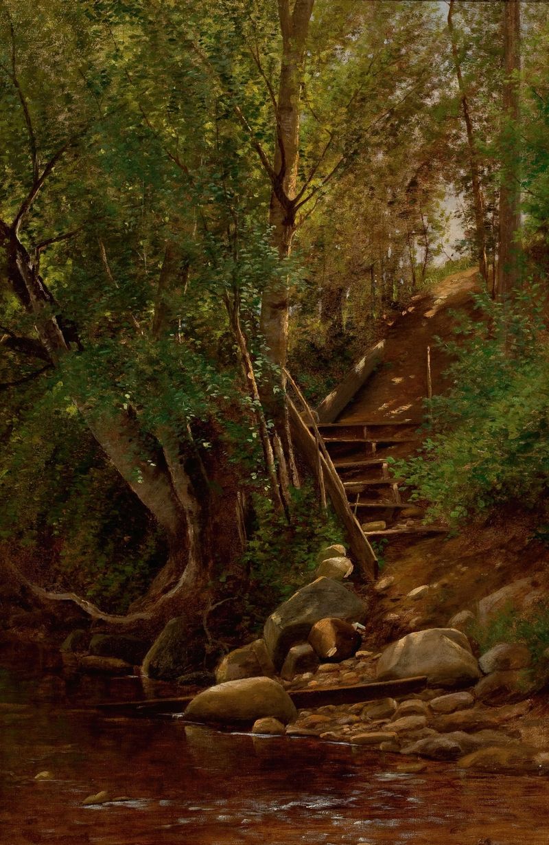 Landscape featuring a creek with dappled sunlight, by John Clinton Ogilvie