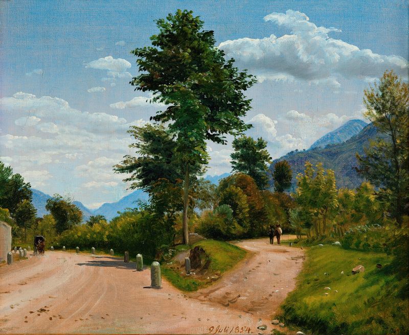 Italian Landscape de P. C. Skovgaard, óleo que retrata colinas sob luz dourada