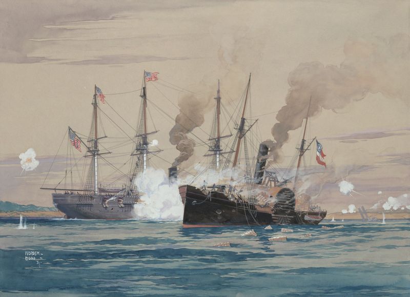 Marine scene depicting U.S.S. Pensacola and C.S.S. Governor Moore by Worden Wood, oil painting