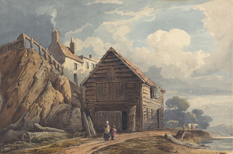 Landscape with a Boatshed de George Harley, óleo sobre tela mostrando um abrigo de barco junto à água serena.