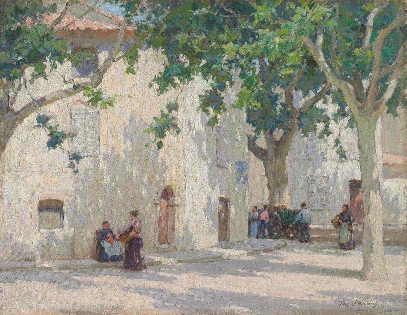 Oil painting by Terrick Williams depicting sunlit streets and buildings in Cassis
