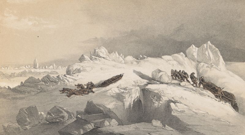 oil painting by Walter William May depicting sledges navigating icy hummocks