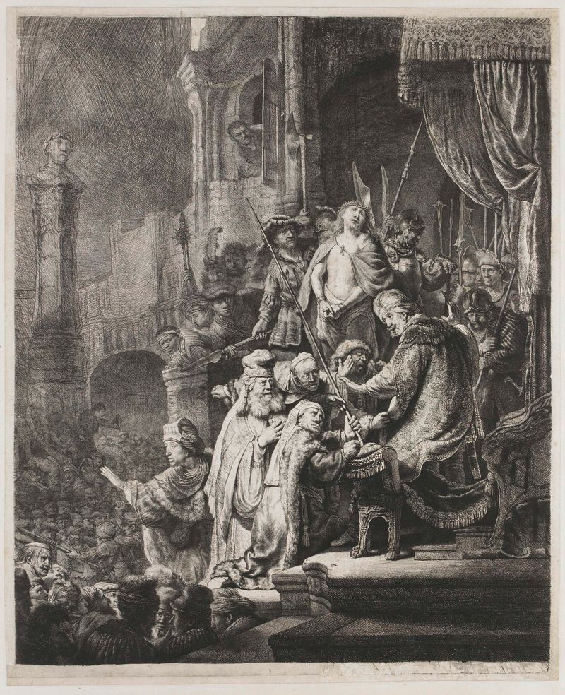Cristo diante de Pilatos, gravura de Rembrandt van Rijn, retratando um momento tenso entre figuras.