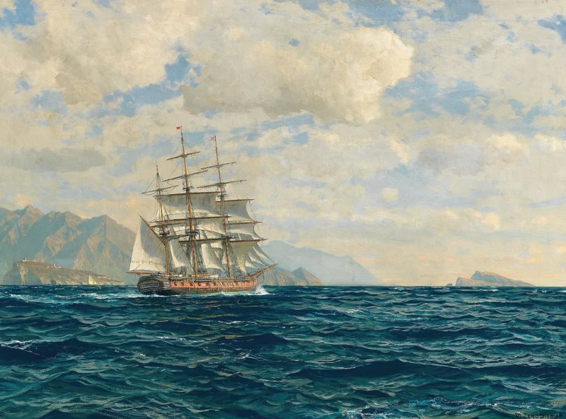 Three-masted ship on the sea, oil on canvas by Michael Zeno Diemer