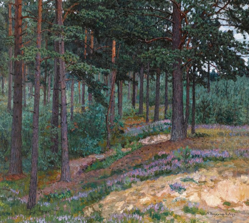 Forest Glade de Nikolai Bogdanov-Belsky, óleo sobre lienzo que muestra la luz en un bosque.