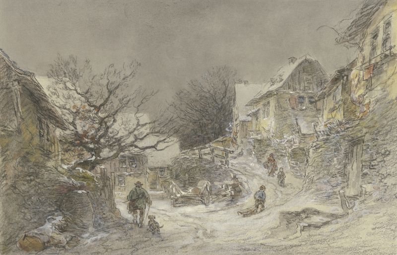 Winter landscape with snow covering terrain and a castle, oil painting by Anton Burger