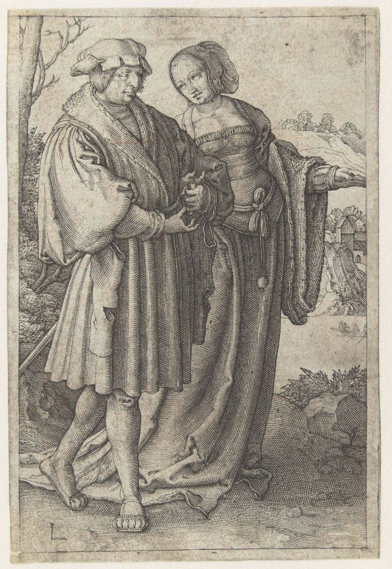 Couple walking in a tranquil landscape, engraving by Jan Harmensz. Muller